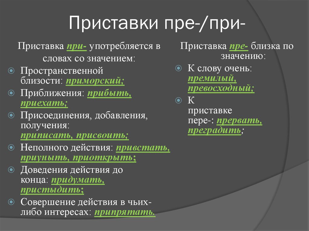 Приставка пре и при правило с примерами презентация