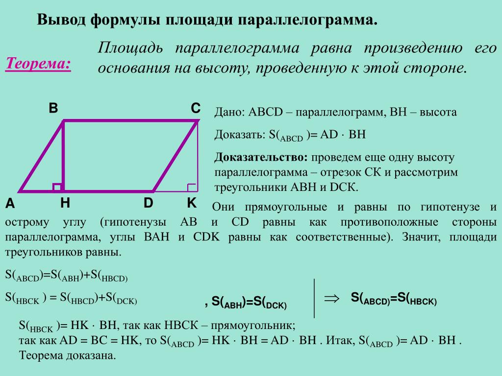 Площадь параллелограмма s можно вычислить. Формула площади параллелограмма с доказательством. Вывод формулы площади параллелограмма. Площадь параллелограмма формулировка 8 класс. Площадь параллелограмма доказательство 8 класс.