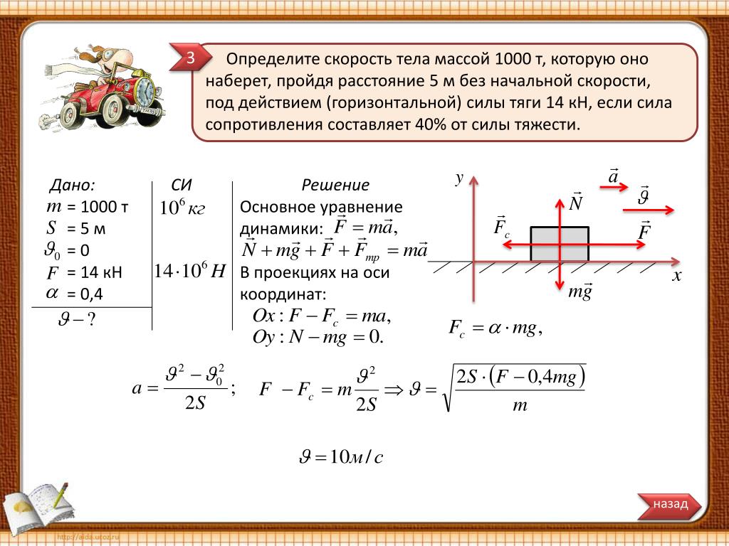 Расстояние в двести километров идти в библиотеку. Задачи по механике. Определить скорость тела. Горизонтальная сила. Скорость под действием силы.