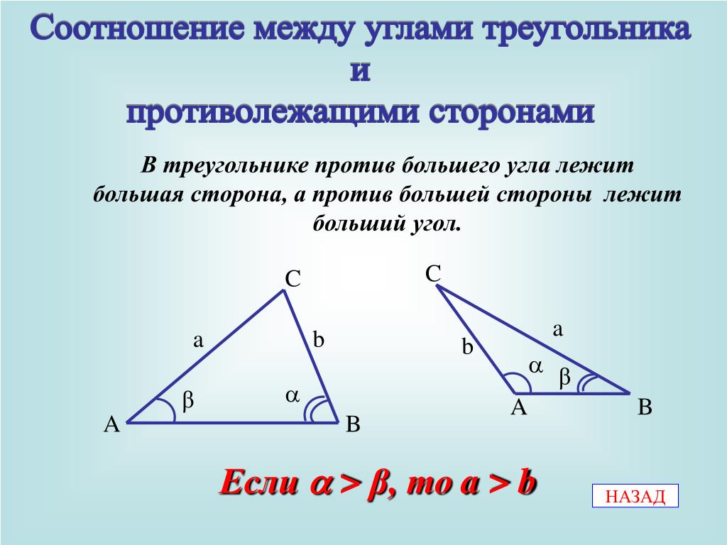 Доказательство теоремы о соотношениях между сторонами. Соотношение между сторонами и углами треугольника. Соотношение углов в треугольнике. Соотношение между углами треугольника и противолежащими сторонами. Соотношение между сторонами и углами треу.