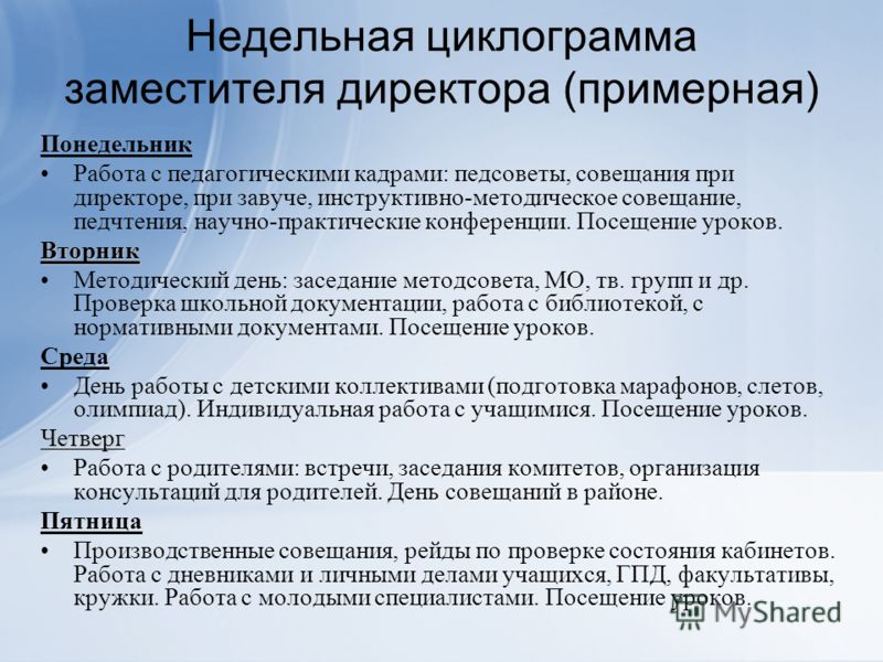 Завуч по учебно воспитательной работе. Циклограмма работы заместителя директора по учебной работе. План работы заместитель директора школы. Недельные планы заместителя директора по УВР. План работы директора.