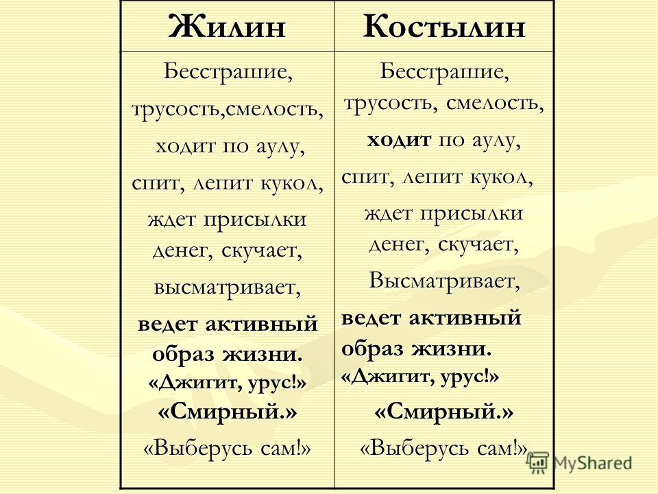 Сравнительная характеристика кавказский пленник