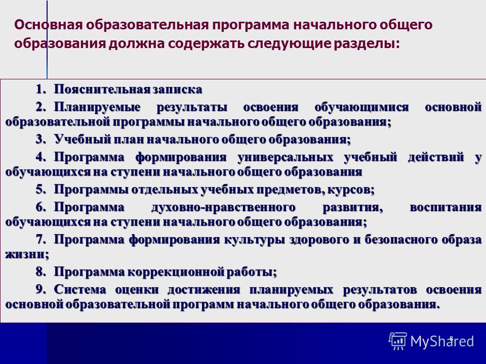 Основная образовательная программа учреждения. Основная образовательная программа НОО содержит следующие разделы. Программа начального общего образования.