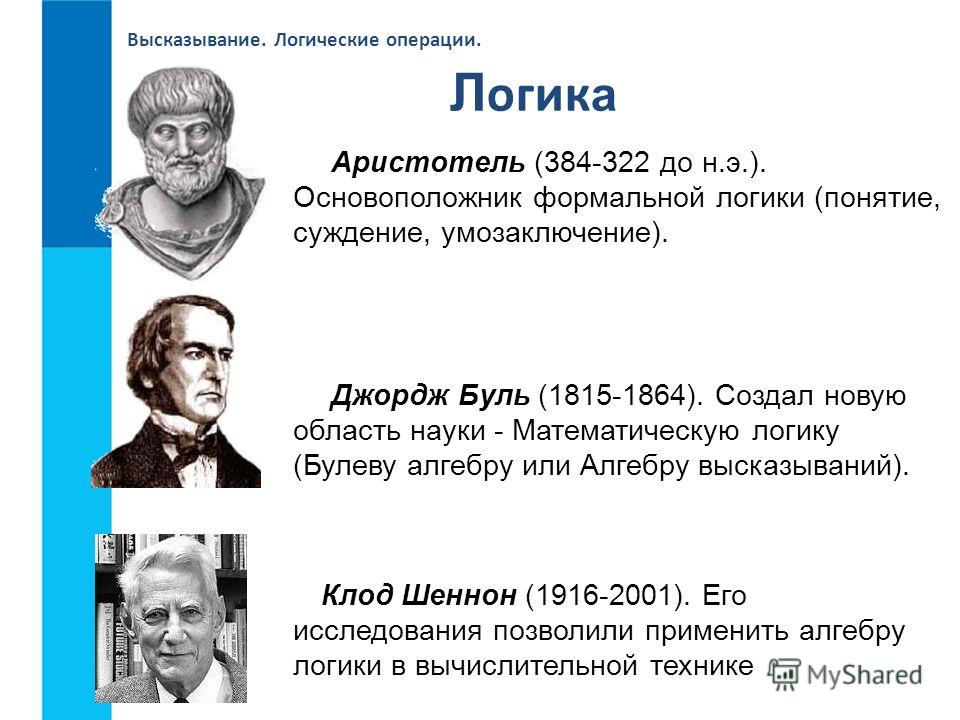 Математическая логика темы. Логика высказываний. Понятие логического высказывания. Основоположник логики. Логика высказываний Информатика.