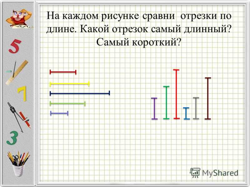 Конспект урока прямая. Сравнение отрезков по длине. Сравнение длин предметов. Задания на тему сравнение по длине. Измерение отрезков подготовительная группа.