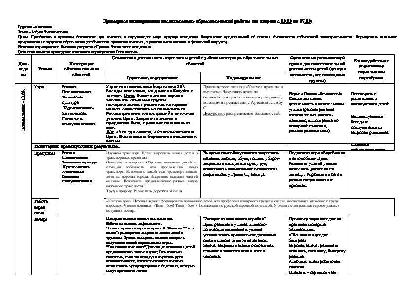 Календарный план безопасность старшая группа