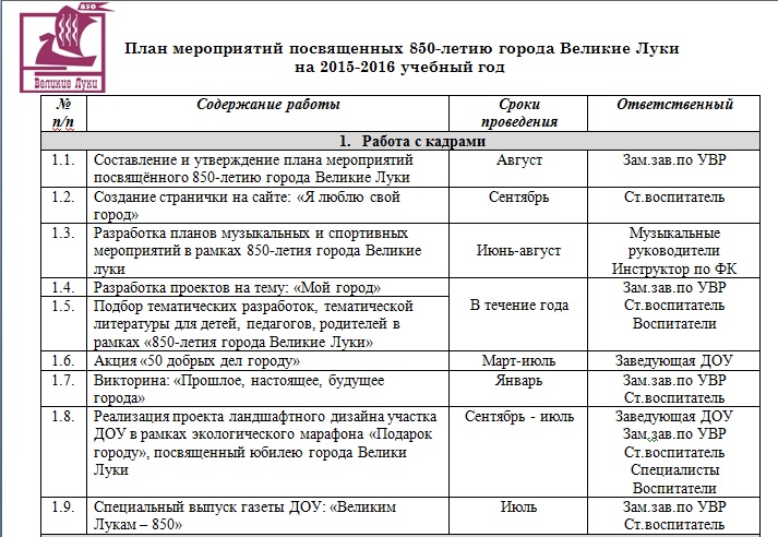 Годовой план школьных мероприятий