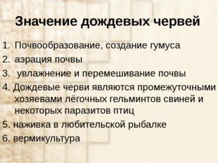 Значение дождевых червей Почвообразование, создание гумуса аэрация почвы увла