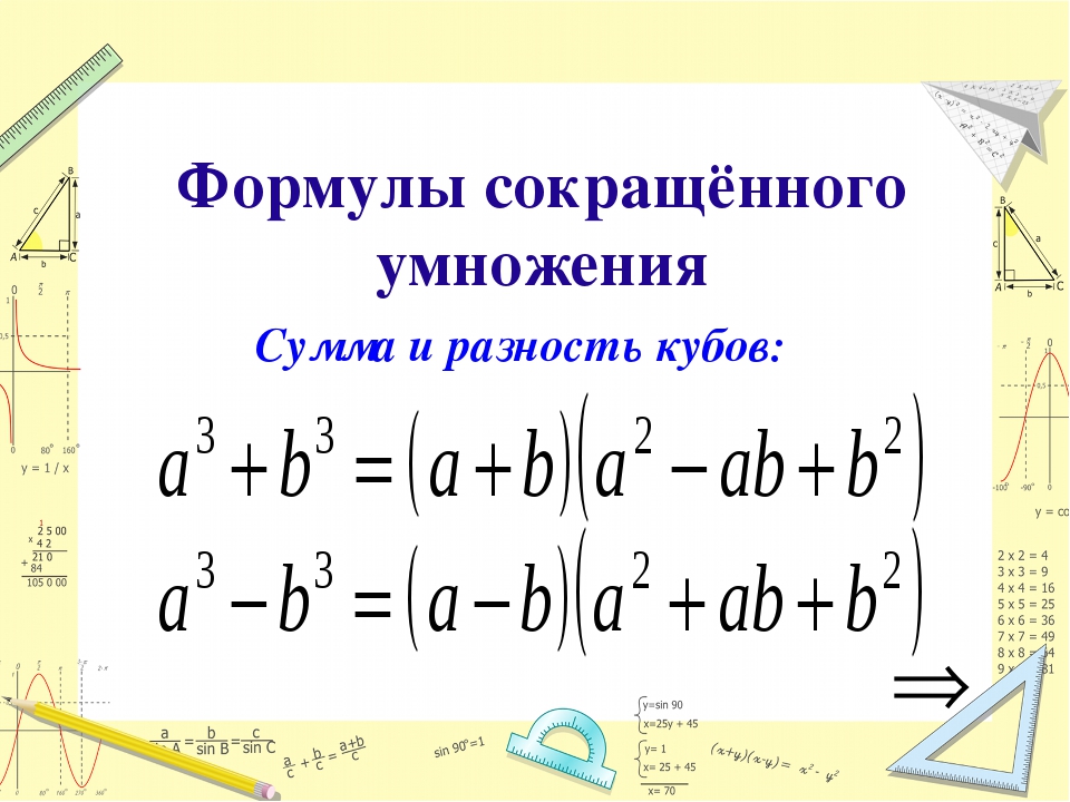 Формулы умножения алгебра. ФСУ Куба разности формула. Формула сокращенного умножения Куба разности. Формулы кубов в алгебре 7 класс. Формулы сокращённого умножения разность кубов.