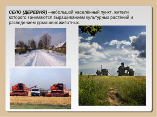 СЕЛО (ДЕРЕВНЯ) –небольшой населённый пункт, жители которого занимаются выращи