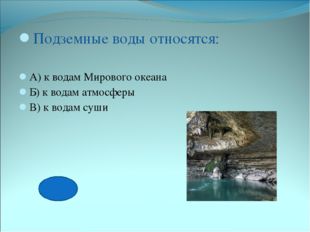 Подземные воды относятся: А) к водам Мирового океана Б) к водам атмосферы В)