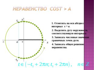 0 x y 1. Отметить на оси абсцисс интервал x &gt; a. 2. Выделить дугу окружности,