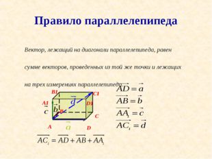 Правило параллелепипеда B А C D A1 B1 C1 D1 Вектор, лежащий на диагонали пара