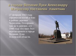 27 февраля 1943 года героически погиб в бою в районе деревни Чернушки. Похоро