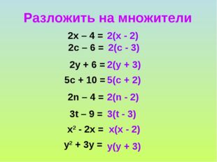 Разложить на множители 	 2х – 4 = 2(х - 2)	 2с – 6 = 2(с - 3)	 2у + 6 = 2(у +