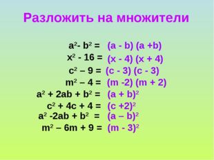 Разложить на множители а2- b2 = (а - b) (а +b) (x - 4) (x + 4) x2 - 16 = c2 –