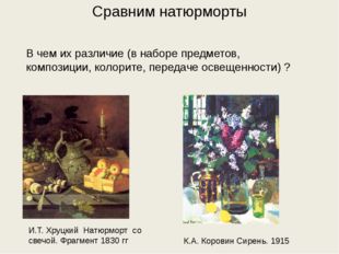 Сравним натюрморты И.Т. Хруцкий Натюрморт со свечой. Фрагмент 1830 гг К.А. Ко