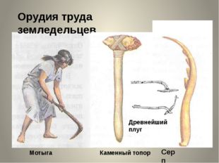 Орудия труда земледельцев Мотыга Каменный топор Серп Древнейший плуг 