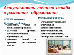 Актуальность личного вклада в развитие образования Ф ГОС НОО предполагает: Пр