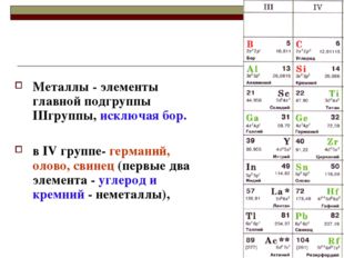 Металлы - элементы главной подгруппы IIIгруппы, исключая бор. в IV группе- ге