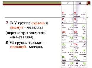 В V группе сурьма и висмут - металлы (первые три элемента -неметаллы), В VI г