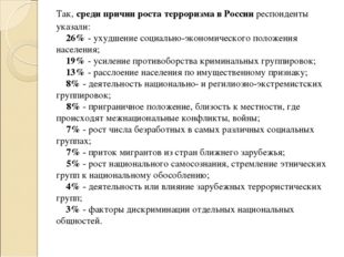 Так, среди причин роста терроризма в России респонденты указали:     26% - у