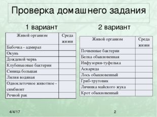 Проверка домашнего задания 1 вариант 2 вариант Живой организм Среда жизни Баб