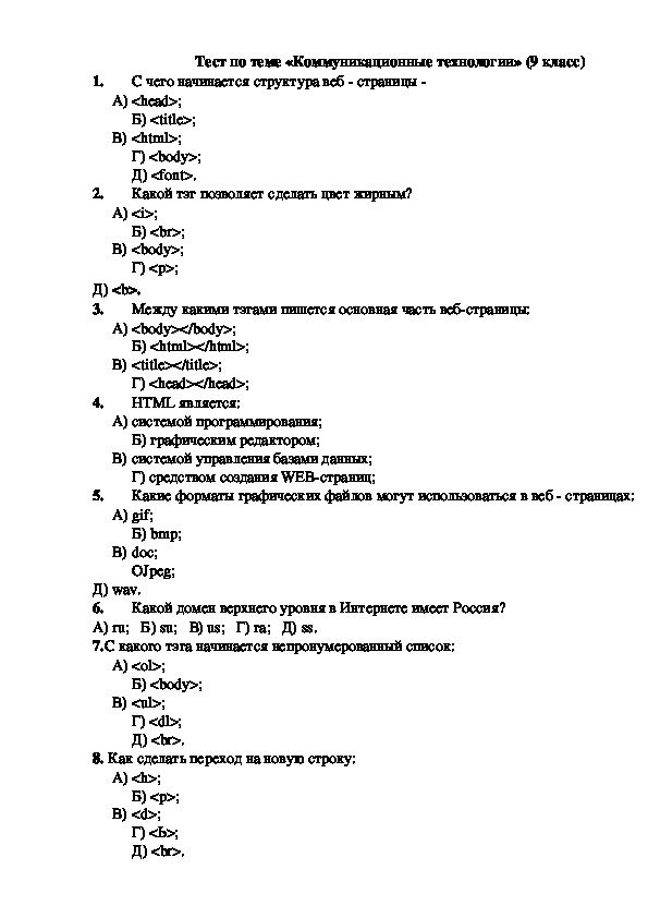 Ответы на тест по информатике