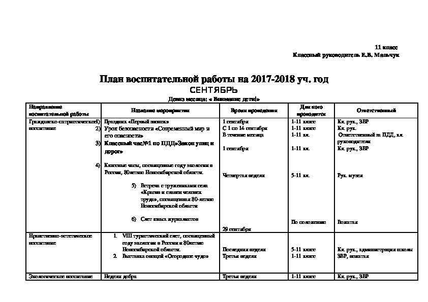 Примерный план воспитательной работы