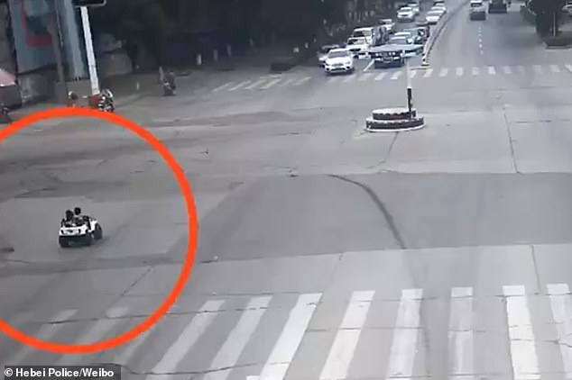 The children were riding the toy car on the crossroad in Zunhua county on Sunday, according to a social media post today from the provincial police in Chinese northern province Hebei