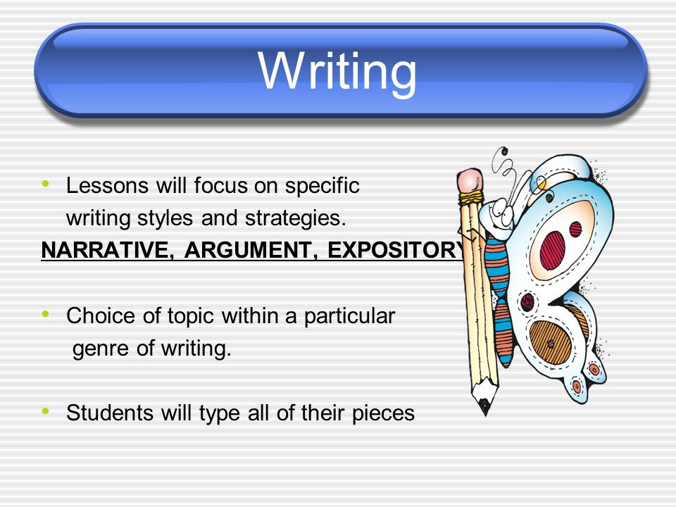 Writing Lessons will focus on specific writing styles and strategies.