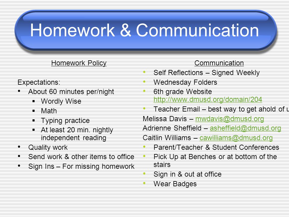 Homework & Communication Homework Policy Expectations: About 60 minutes per/night  Wordly Wise  Math  Typing practice  At least 20 min.