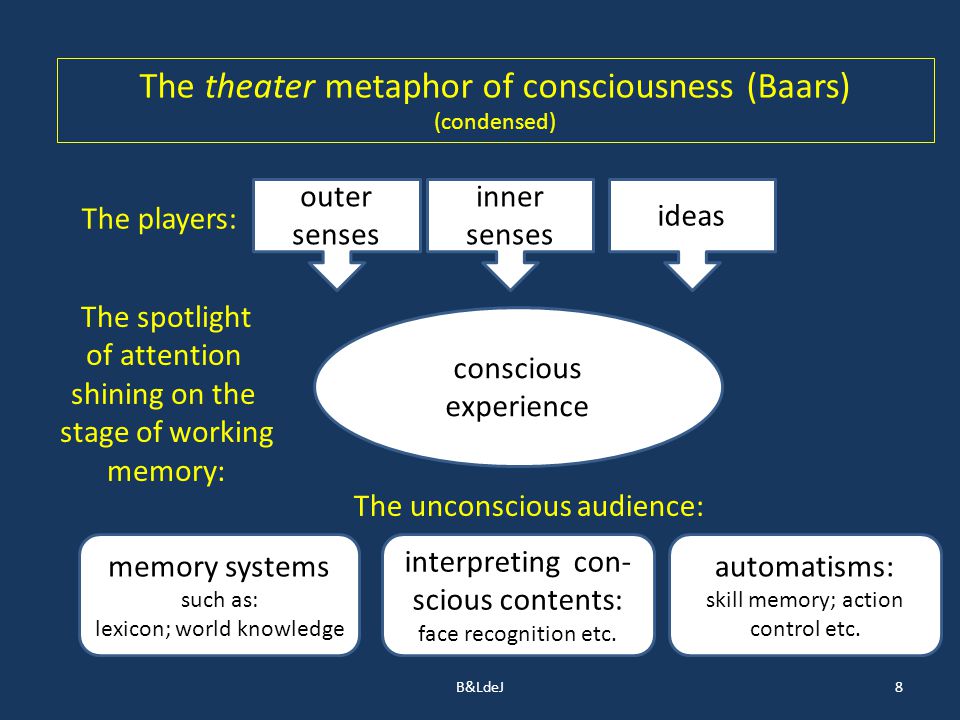 B&LdeJ8 The theater metaphor of consciousness (Baars) (condensed) The players: outer senses inner senses ideas conscious experience The spotlight of attention shining on the stage of working memory: The unconscious audience: memory systems such as: lexicon; world knowledge interpreting con- scious contents: face recognition etc.