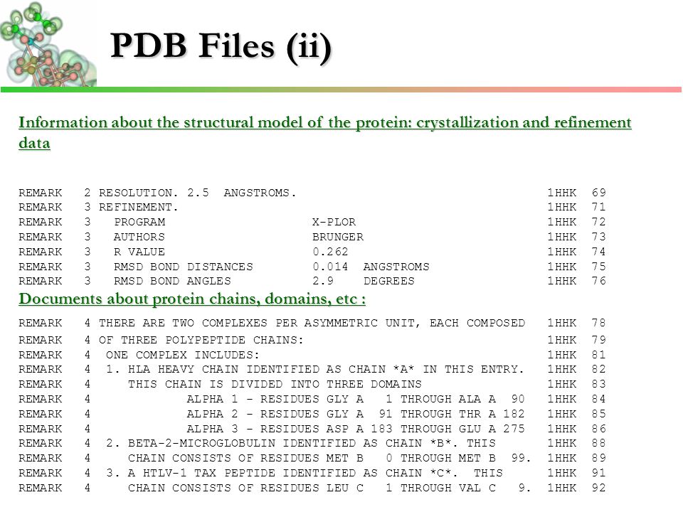 PDB Files (ii) Information about the structural model of the protein: crystallization and refinement data REMARK 2 RESOLUTION.