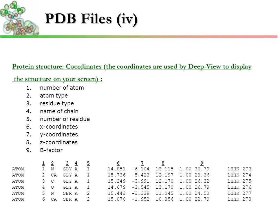 PDB Files (iv) Protein structure: Coordinates (the coordinates are used by Deep-View to display the structure on your screen) : the structure on your screen) : 1.number of atom 2.atom type 3.residue type 4.name of chain 5.number of residue 6.x-coordinates 7.y-coordinates 8.z-coordinates 9.B-factor ATOM 1 N GLY A HHK 273 ATOM 2 CA GLY A HHK 274 ATOM 3 C GLY A HHK 275 ATOM 4 O GLY A HHK 276 ATOM 5 N SER A HHK 277 ATOM 6 CA SER A HHK 278