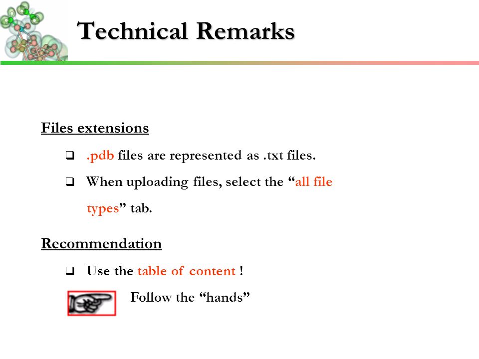 Technical Remarks Files extensions .pdb files are represented as.txt files.