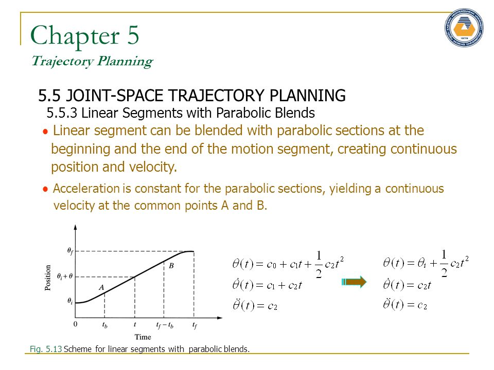Chapter 5 Trajectory Planning 5.5 JOINT-SPACE TRAJECTORY PLANNING  Specify the initial and ending accelerations for a segment.