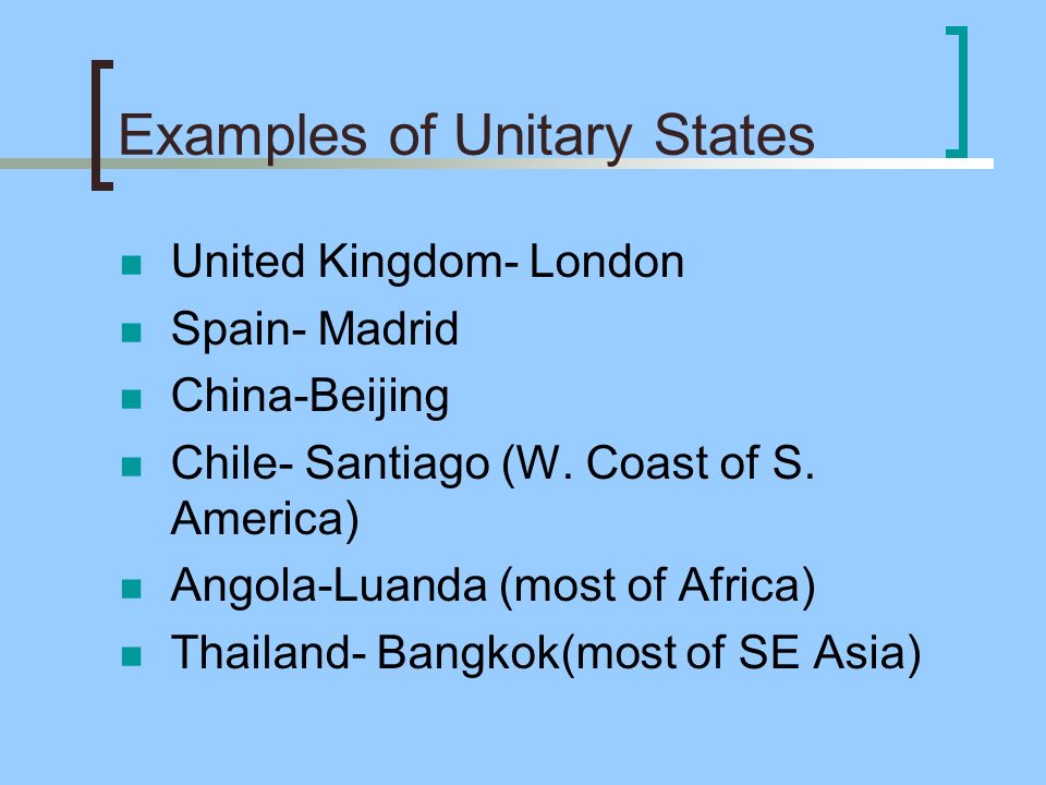 Examples of Unitary States United Kingdom- London Spain- Madrid China-Beijing Chile- Santiago (W.