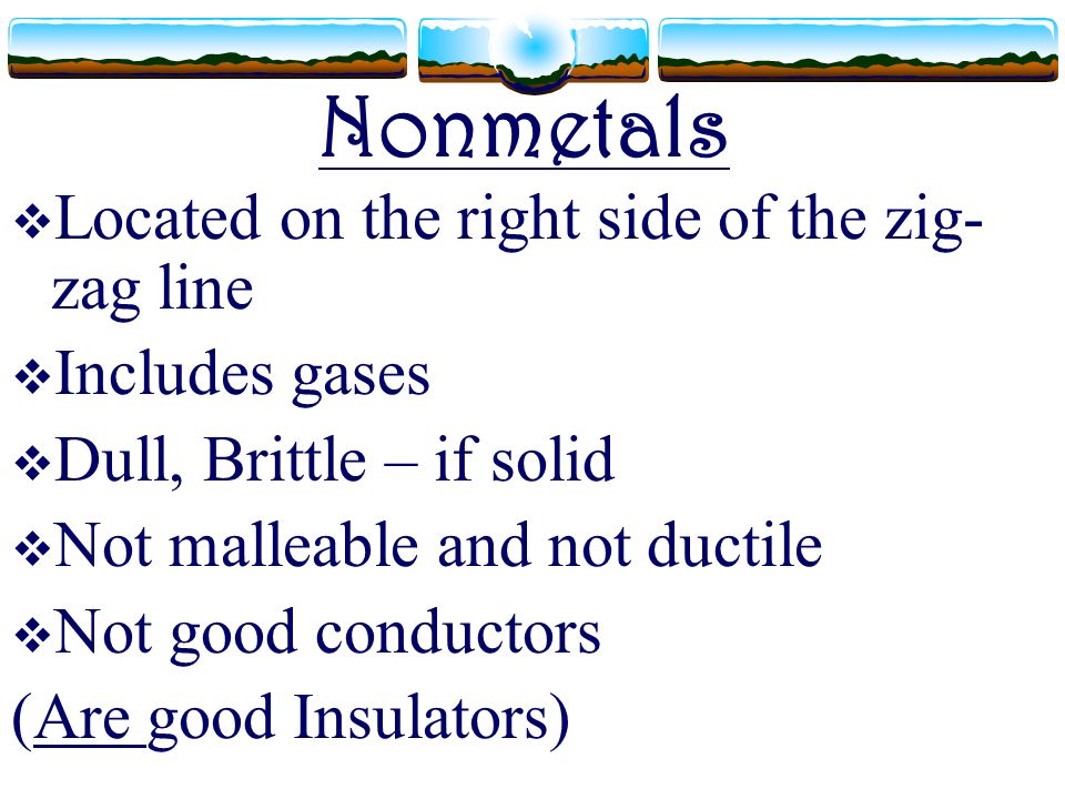 Nonmetals  Located on the right side of the zig- zag line  Includes gases  Dull, Brittle – if solid  Not malleable and not ductile  Not good conductors (Are good Insulators)