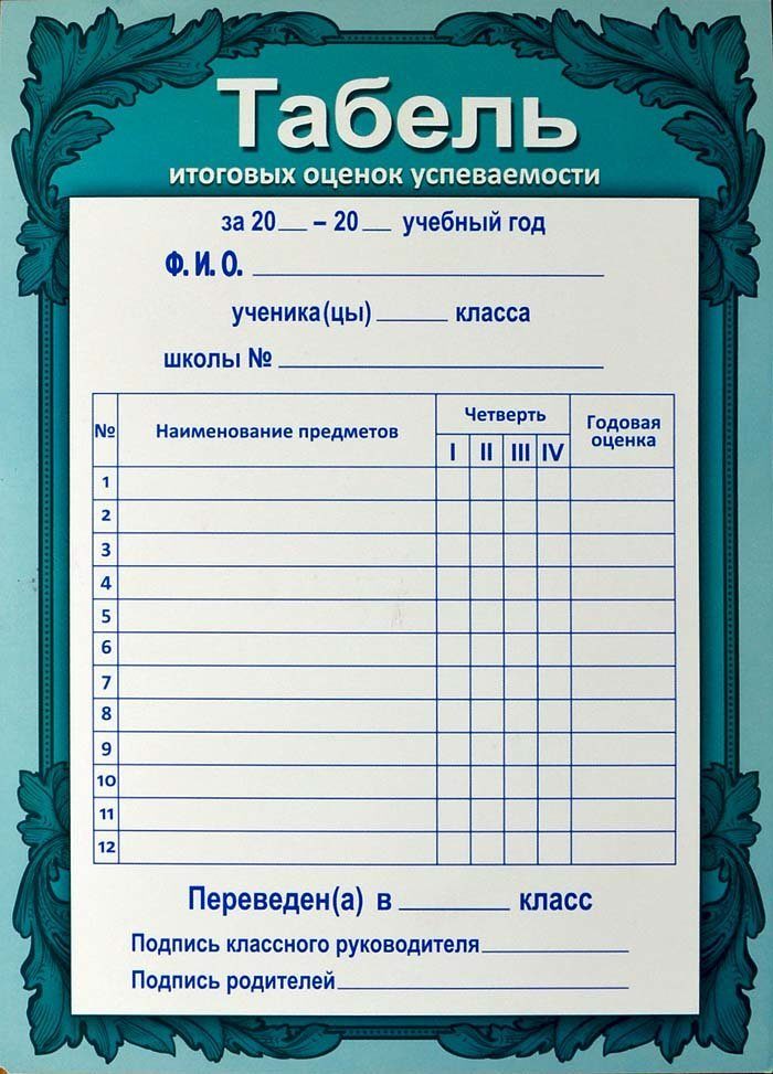 Табель успеваемости по четвертям ученика начальной школы образец