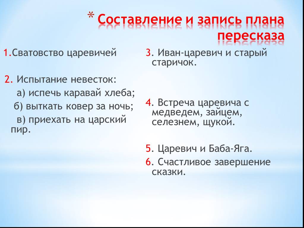 Составить план для пересказа