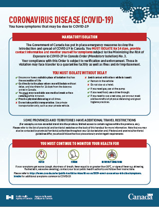 Airport handout with red text describing what to do if you have COVID-19 symptoms when entering Canada.