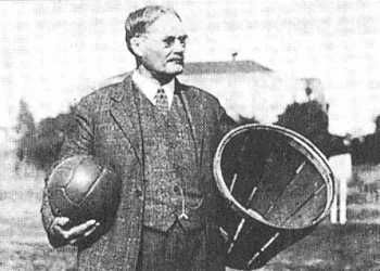 James Naismith and the original basketball elements, a soccer ball and a peach basket
